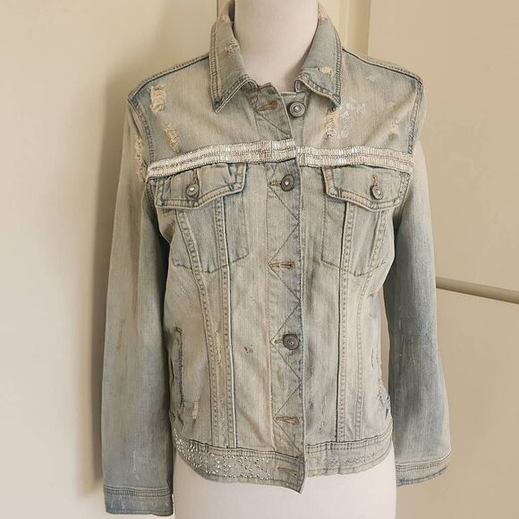 Aeropostale Upcycled Bleached and Distressed Denim Trucker Jacket, "Angel Wings" - Picture 1 of 11